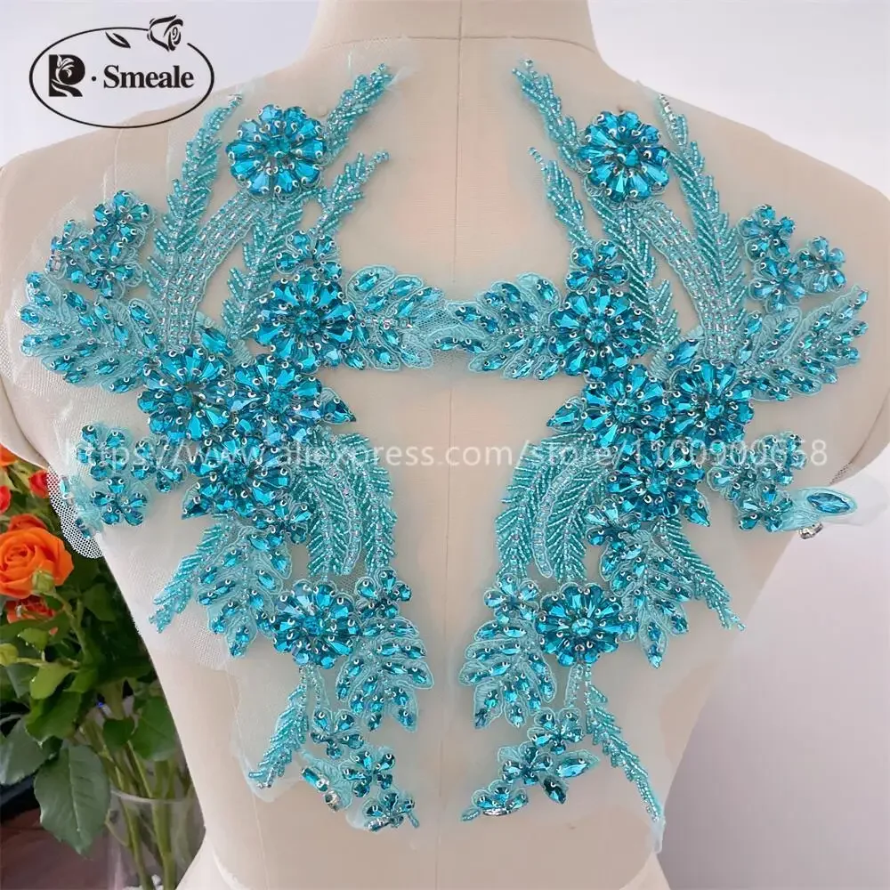 1Pair New Color Hand-sewn Glass Drill Mirror Flowers Sparkling Rhinestone Coats Waistbands Shoulders Wedding Dress DIY Patch