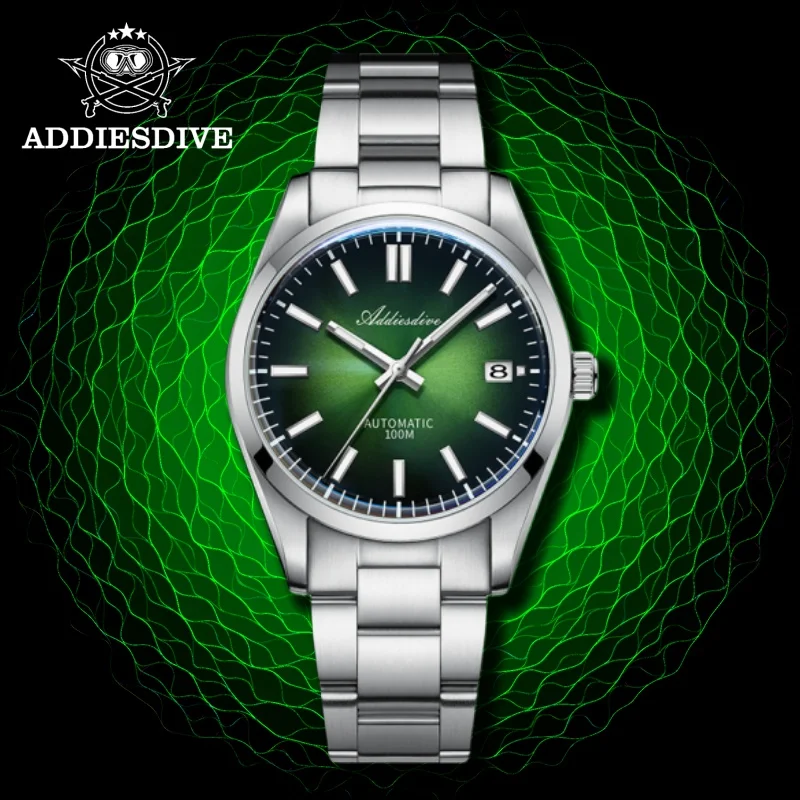 Addiesdive topo relógio masculino vermelho verde cinza cristal de safira 10bar mergulho sunburst dial nh35a relógios mecânicos automáticos