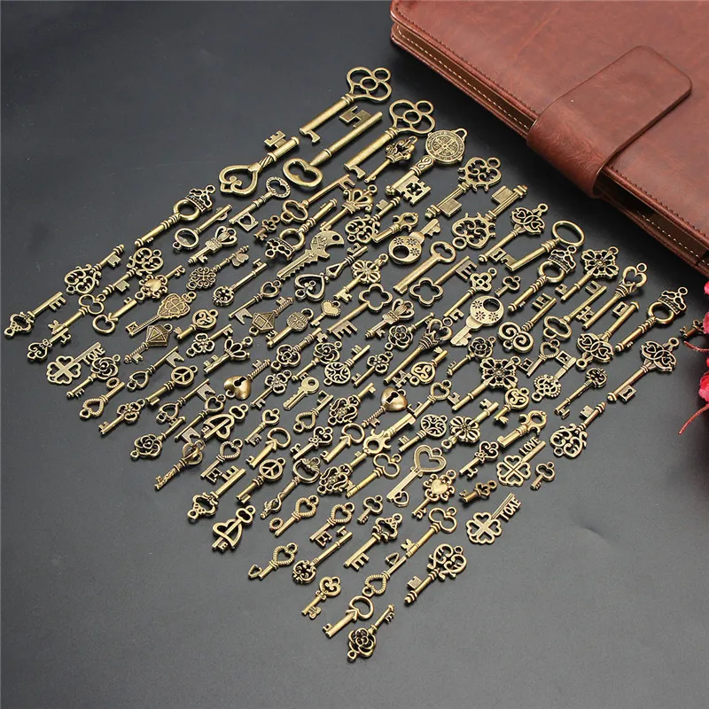 125Pcs Vintage Antique Bronze Plated Metal Love Heart Key Charms Pendant DIY Jewelry Making Findings Accessories Craft