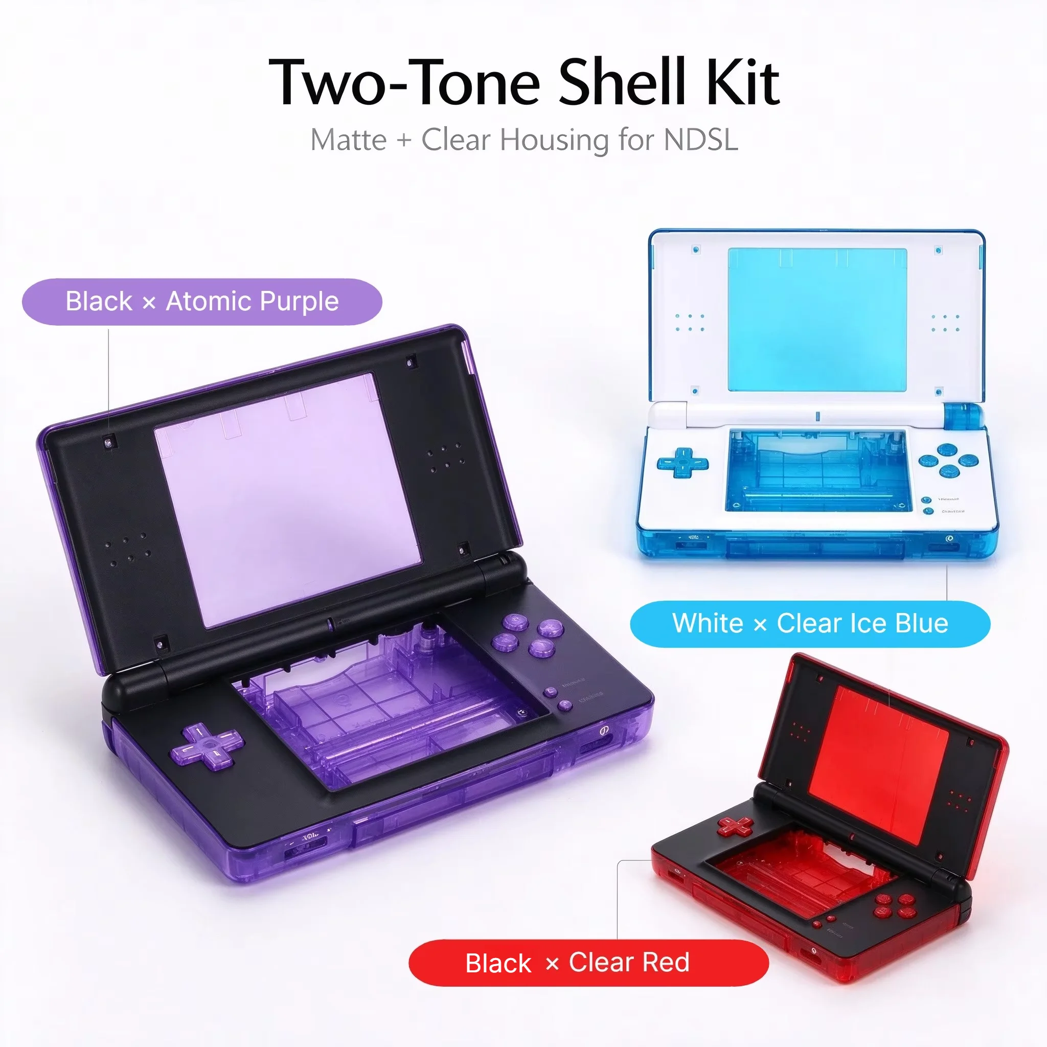 Two-Tone Replacement Shell for Nintendo DS Lite, Matte + Clear Transparent Housing Case DIY Mod Kit with Buttons Screws for NDSL