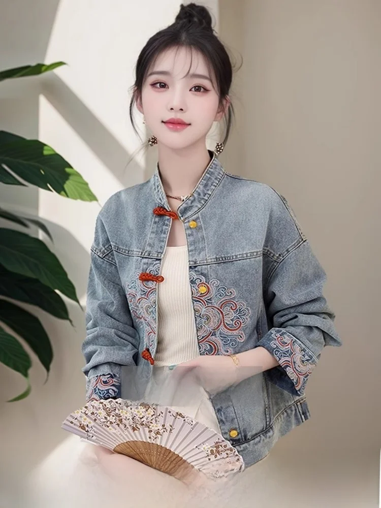 جديد الصينية Sle المطرزة الدنيم Jaet المرأة ربيع الخريف أعلى أزرار كيتس مستقيم قطع ort معطف لا