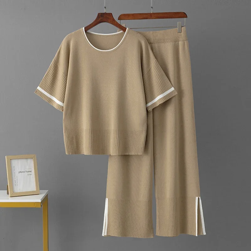 

Женский топ с круглым вырезом и короткими рукавами на резинке, с высокой талией, с разрезом, повседневные контрастные цвета, спортивный свободный тонкий комплект, простой модный новый