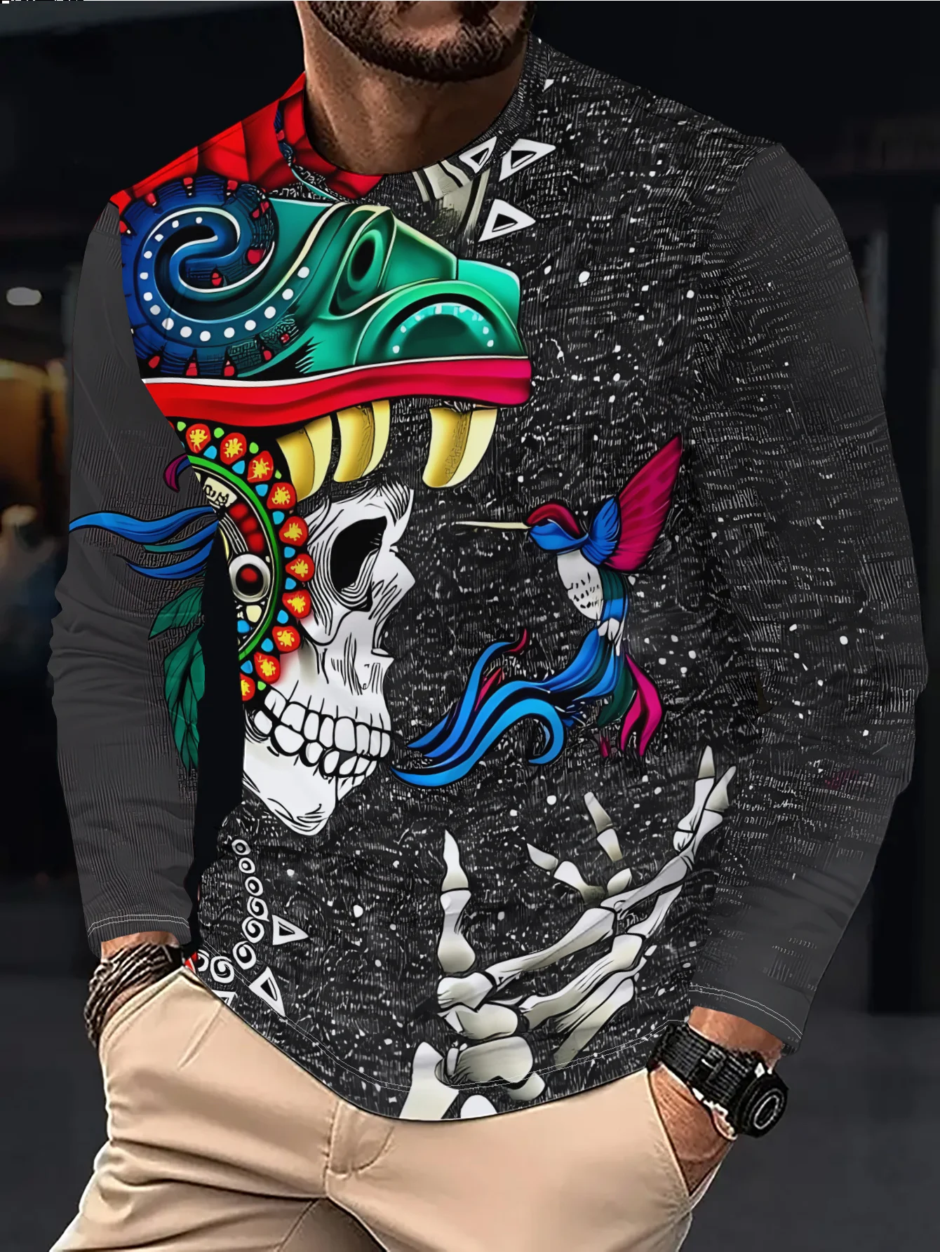 Men Long Sleeve T‑Shirt Aztec Tribal Skull Colorful Totem Print Crew Neck Ethnic Street Casual Party Tops