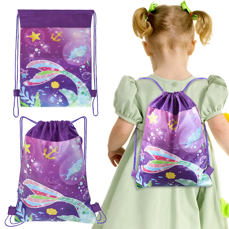 Mermaid Non Woven Gift Bag Portable Drawstring Candy Packaging Backpack Bag Birthday Baby Shower Birthday Party Decorations