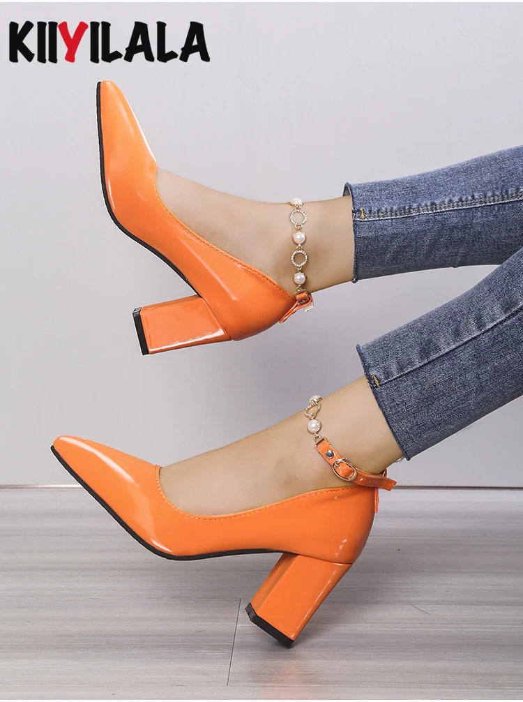 Orange Pearl Crystals Buckle Chain Pumps Women Shoes 7cm Chunky High Heel Pointed Toe Patent Leather Female Plus Size 31-46