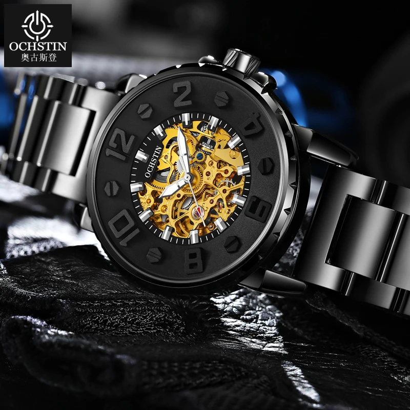 OCHSTIN Men Skeleton Watch Automatic Self Wind Masculine Facetted Case Bold Markers Open Heart Luminous Luxury Stainless Steel