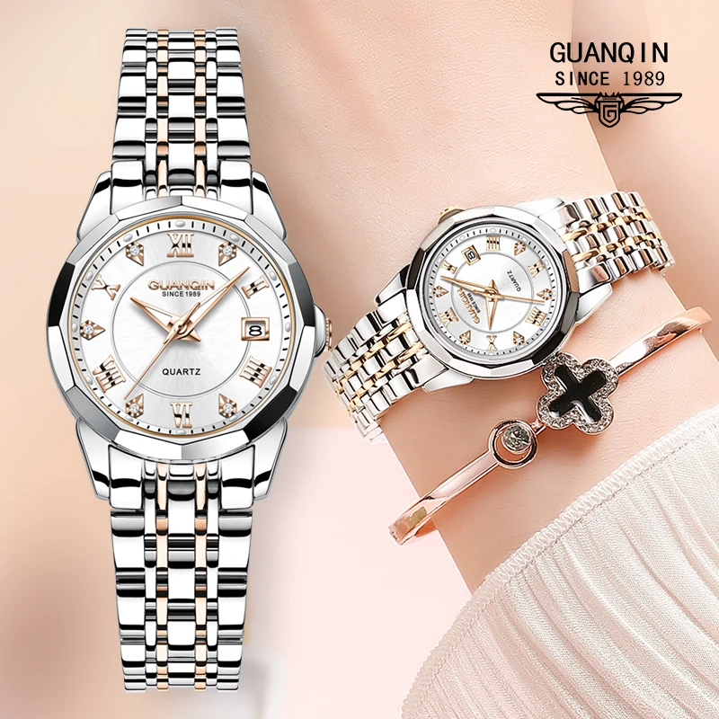 Relógio de Quartzo Feminino GUANQIN, à Prova d'Água, Luminoso, Luxuoso, Prata, para Mulheres, Presentes de Relógio de Pulso Festina