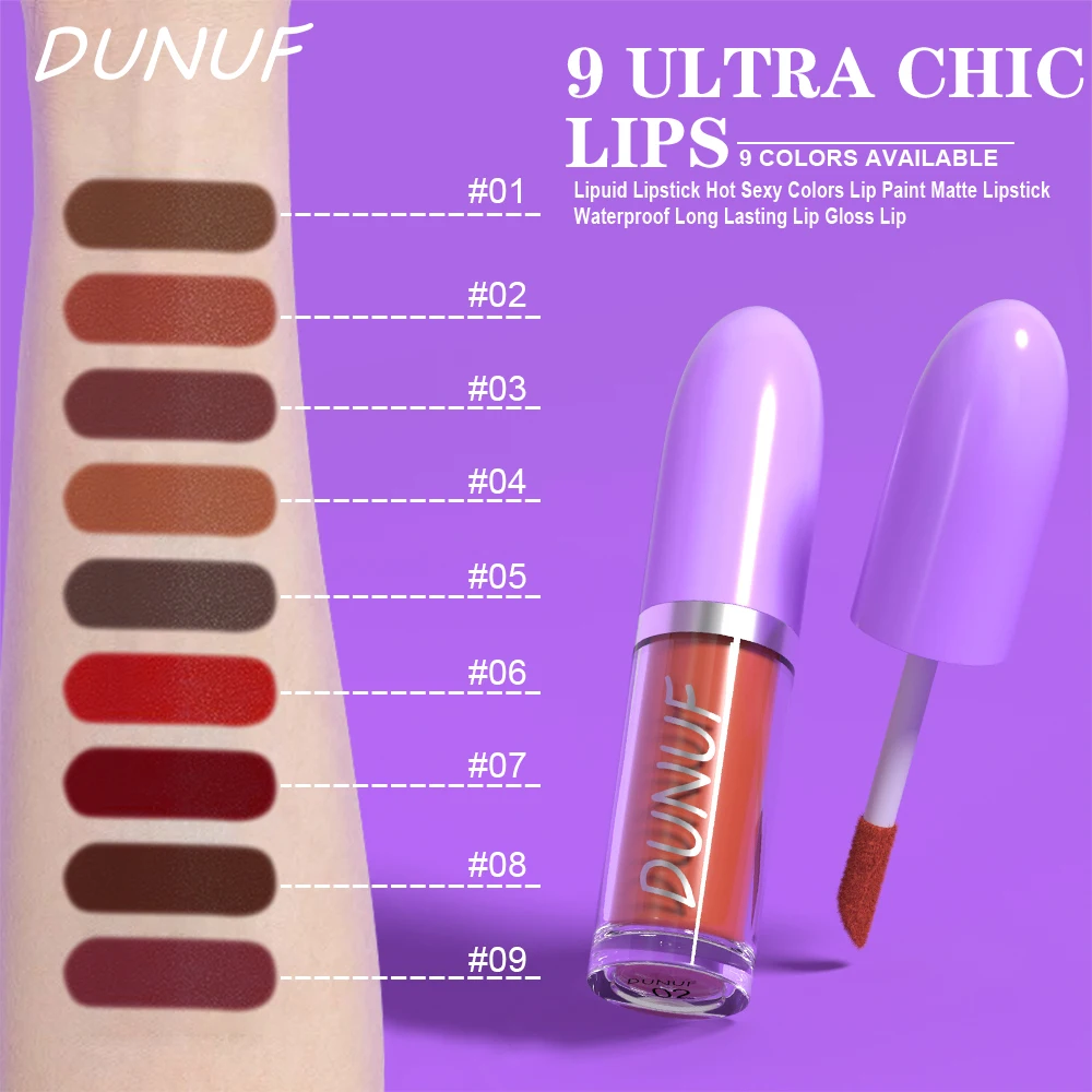 DUNUF Matte Lip Gloss Long-lasting Nude Red Liquid Lipstick Waterproof Non-stick Cup Sexy Lip Tint lip glosses Cosmetics Makeup