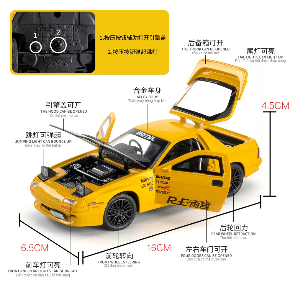 1:32 mazda RX-7 rx7 modelo de carro esportivo brinquedos liga diecast som luz 4 portas abertas puxar para trás ornamento veículos de brinquedo presentes da criança