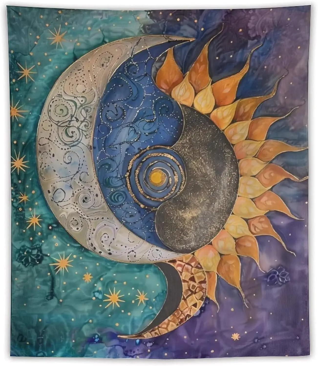 Mystical Yin Yang Sun Moon Tapestry, Celestial Boho Wall Hanging with Galactic Spiral & Butterfly, Purple Blue Cosmic Decor for