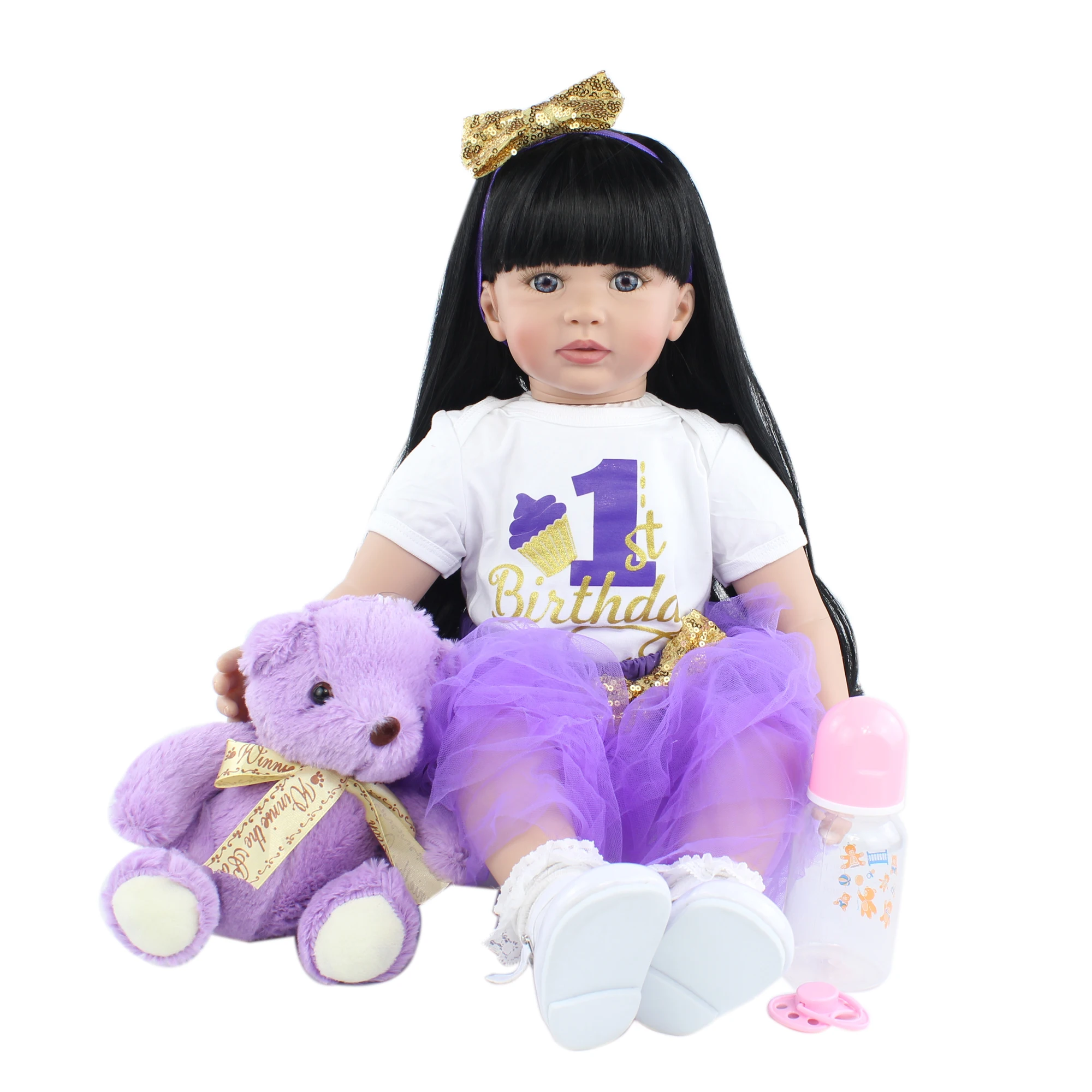 60 CM Soft Silicone Reborn Baby Doll Toys For Girl 24 Inch Black Long Hair Princess Toddler Dress Up Bebe Kids Birthday Gift