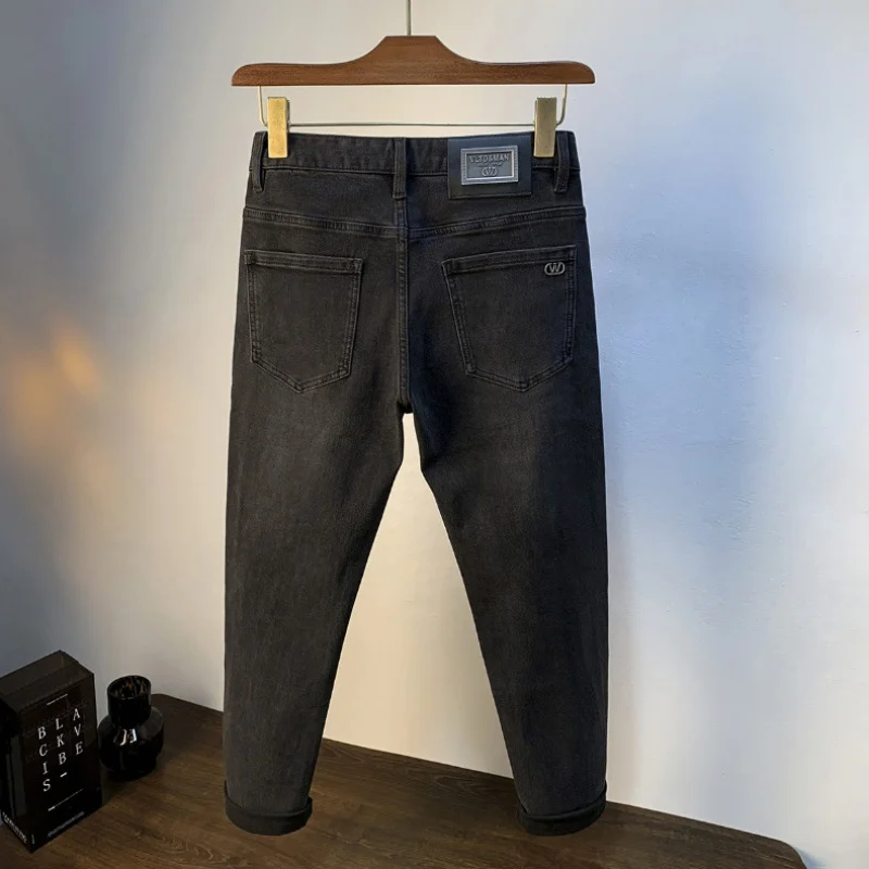 Calça jeans leve de perna reta masculina, jeans preto, elástico, magro, simples, elegante, casual, na moda, outono, 2024