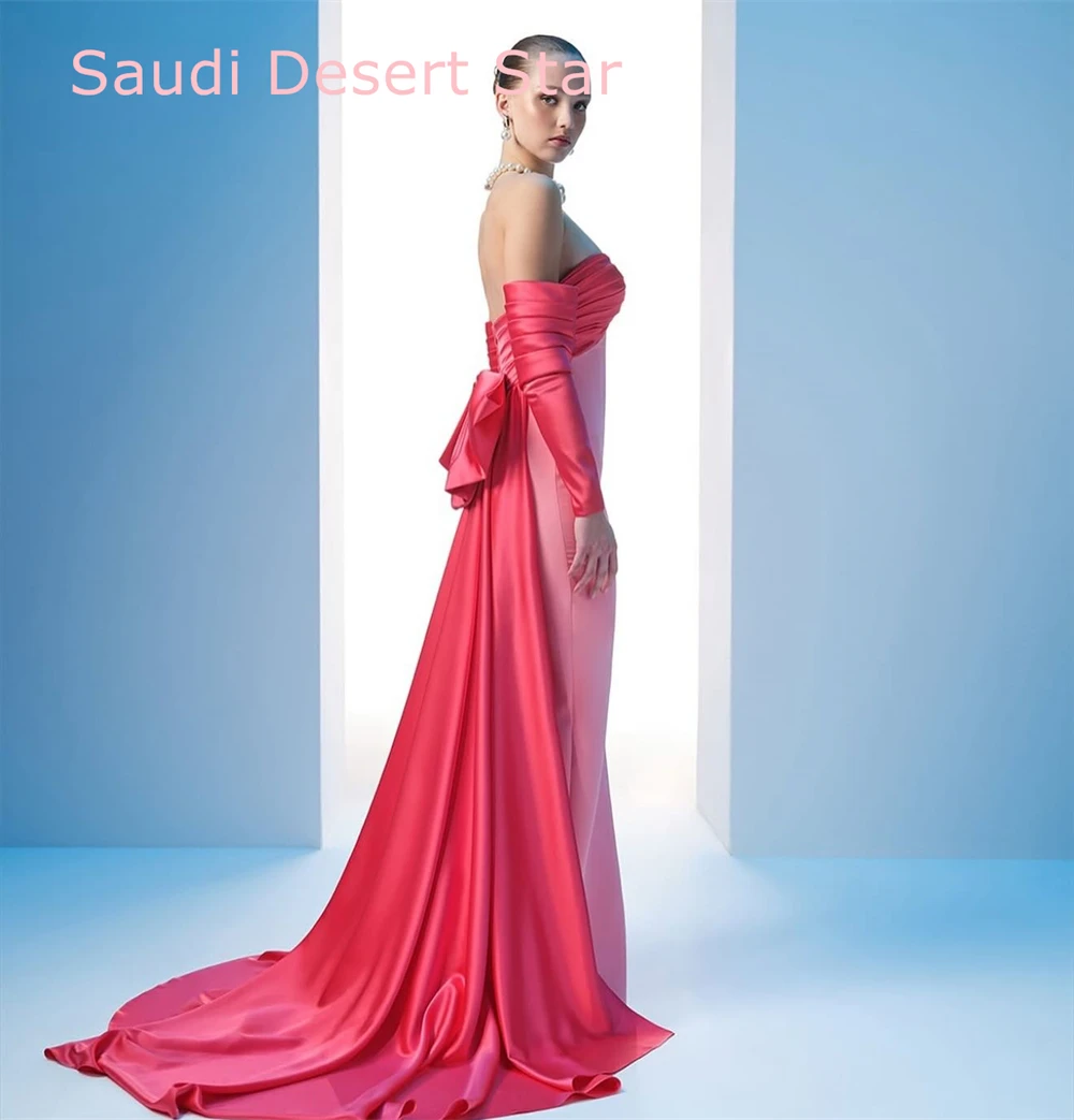 Personalizado requintado camisa rosa vestido de noite delicado sem alças mangas compridas vestido de festa moderno até o chão vestidos de celebridades