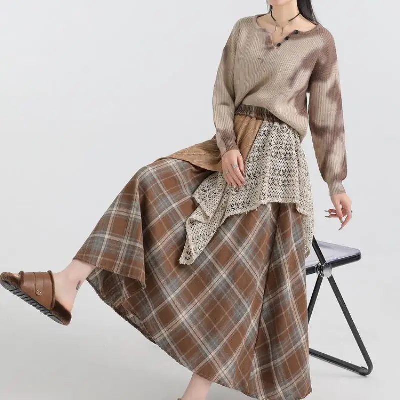 Forest Style Retro Women's Half Skirt New Autumn Winter Spicy Girl Irregular Splicing High Waisted A-Line Long Skirt Versatile