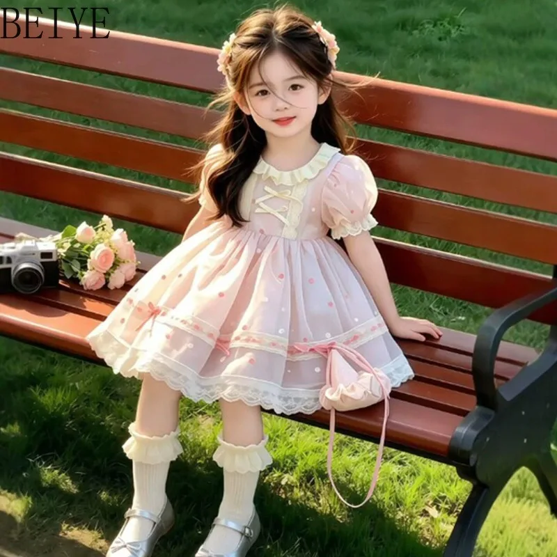 Sweet Pink Polka Dot Girls Lolita Dress Puff Short Sleeve Ruffle Collar Dress Bow Lace Toddler Summer Princess Tutu Sundress