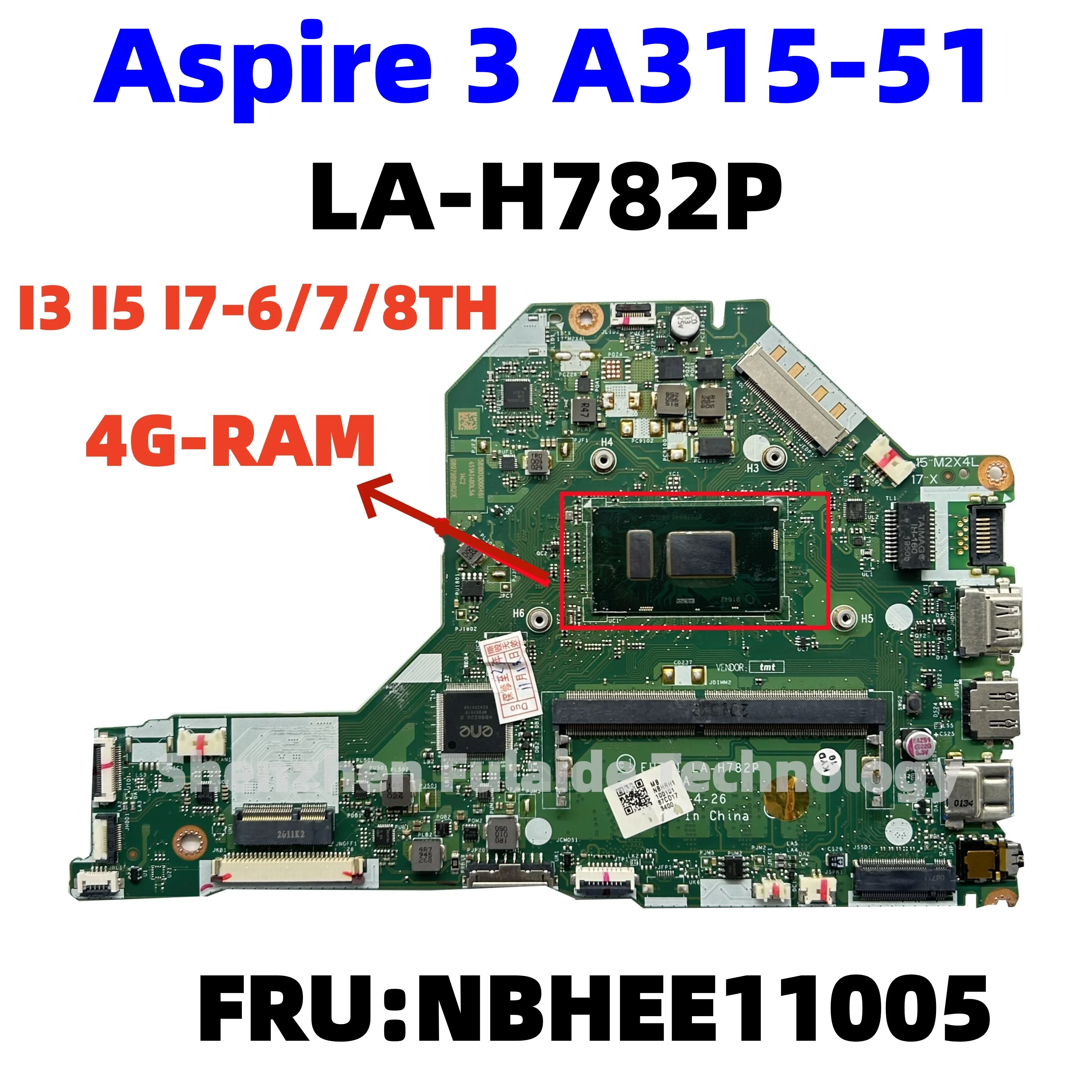 LA-H782P para portátil ACER Aspire 3 A315-51 FRU:NBHEE11005 con CPU I3 I5 I7-6/7/8TH 4G-RAM trabajo de prueba completo