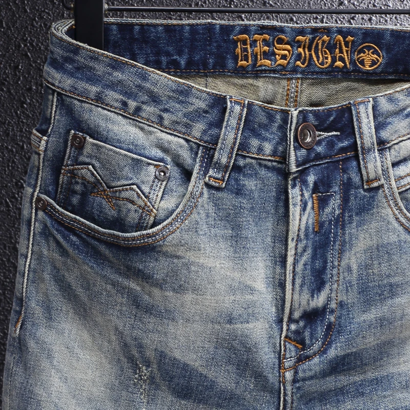 Fashionable Men's Jeans Vintage Wash Blue Elastic Slim Fit Vintage Jeans High Quality Italian Style Casual Denim Pants Hombre