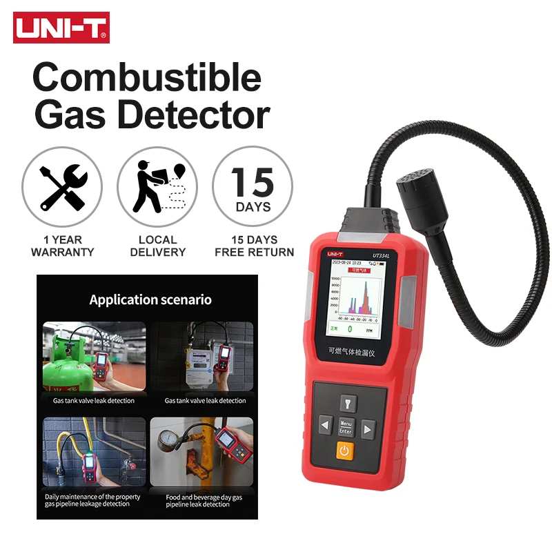 Uni-t-detector de Vazamento de Gás Combustível Ut334l Luz Sonora Alarme de Vibração Portátil com Lanterna Led