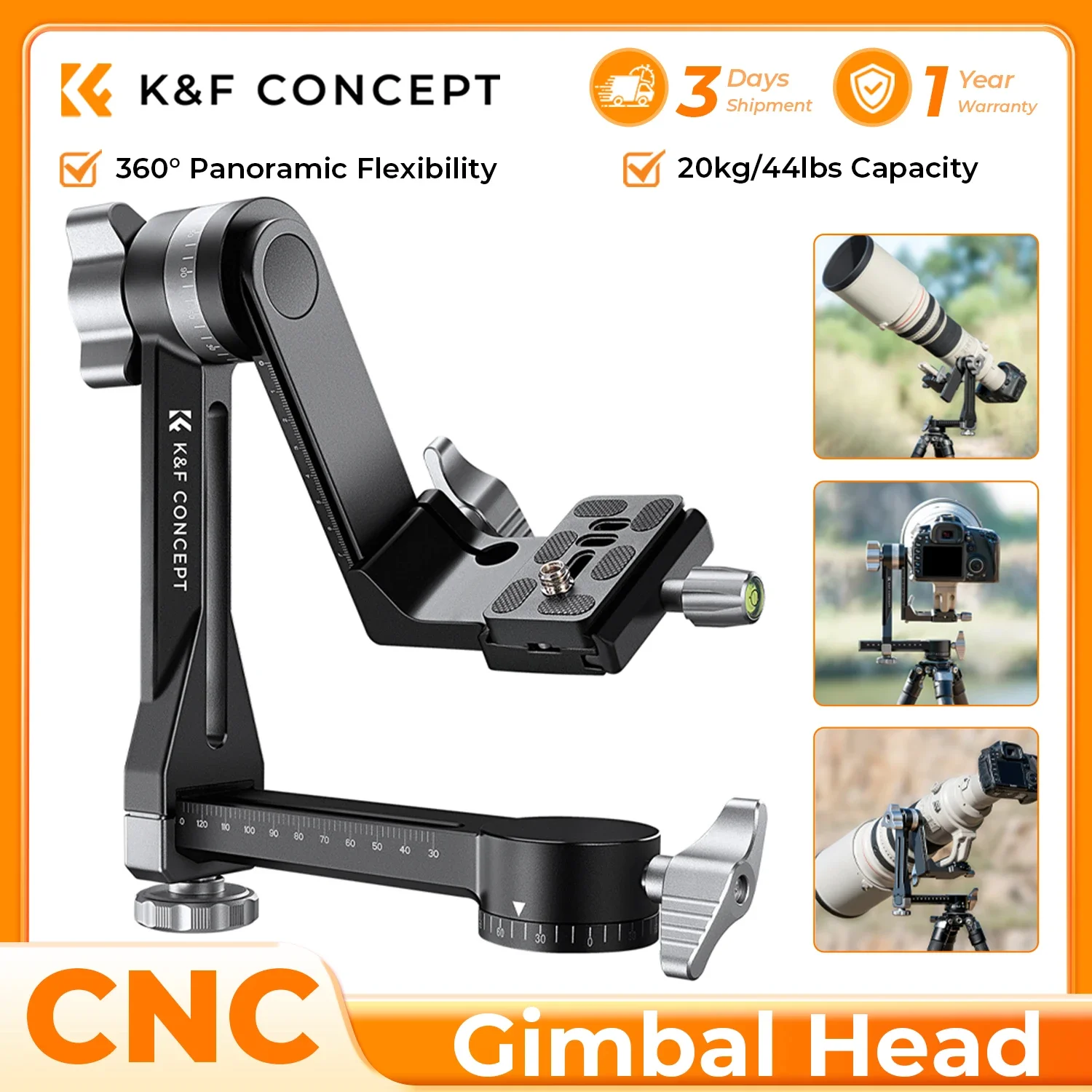 K&F CONCEPT Tripod Gimbal Head CNC Aluminium Alloy Heavy Duty 360° Panoramic Head with Arca 20kg/44lbs Load for DSLR Cameras