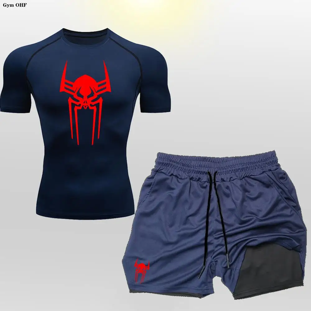 

2099 Compression Shirt Man Spider Fitness Gym 2 in 1 Shorts Workout Rashguard Jiu Jitsu Running Joggers Training Clothes Set Men