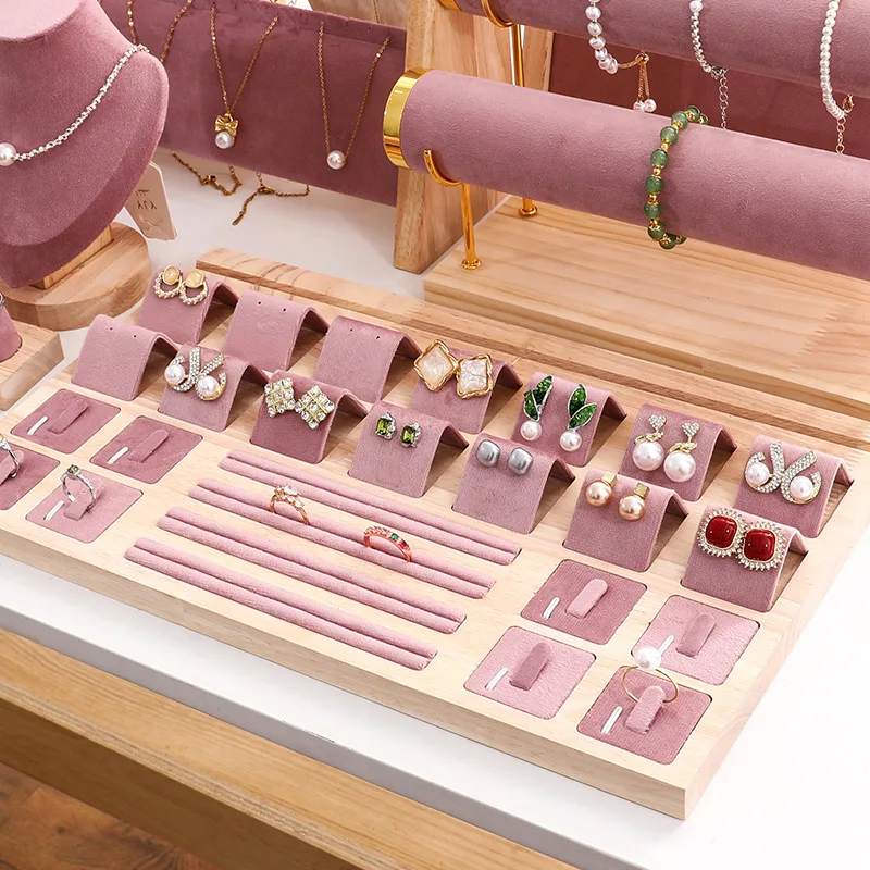 

Decorative Necklace Ring Bracelet Display Stand Pink And Wood Set Jewelry Holder Watch Earring organizer Showcase