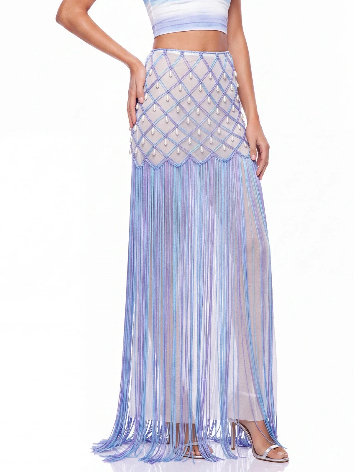 Luxurious Pearl Beaded Fringe Maxi Skirt Elegant Sheer Mesh Beach Cover Up Dress Fashionable Boho Tassel Party Gown