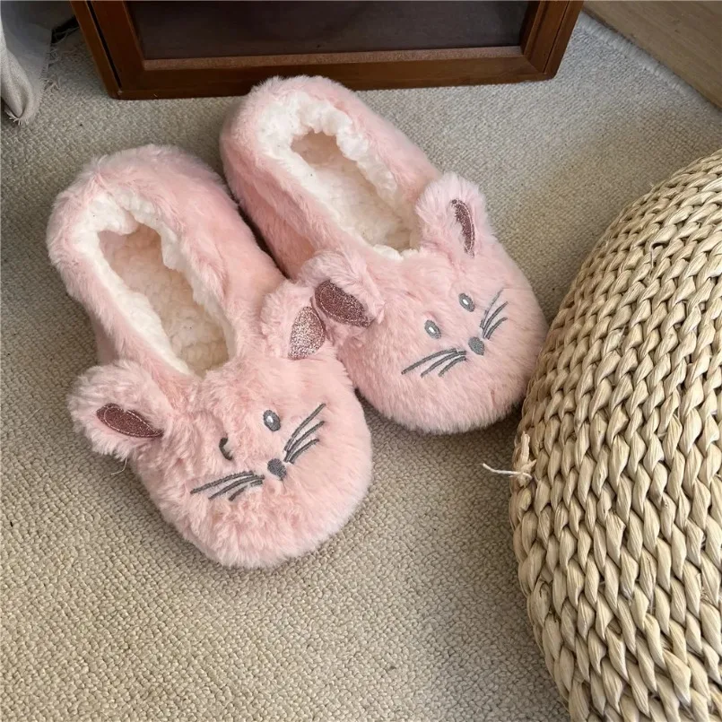 Winter Slipper Home Women House Fur Warm Plush Non slip Grip Indoor Fluffy Lazy rat Mouse Ears Fuzzy Shoes Female Cute Funny