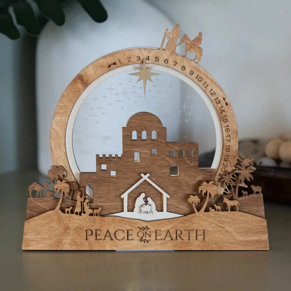 

Christmas Jesus Birth Wood Ornaments Easter Creche Christmas Countdown Nativity Scene LED Lighted Musical Tabletop Indoor Decorc