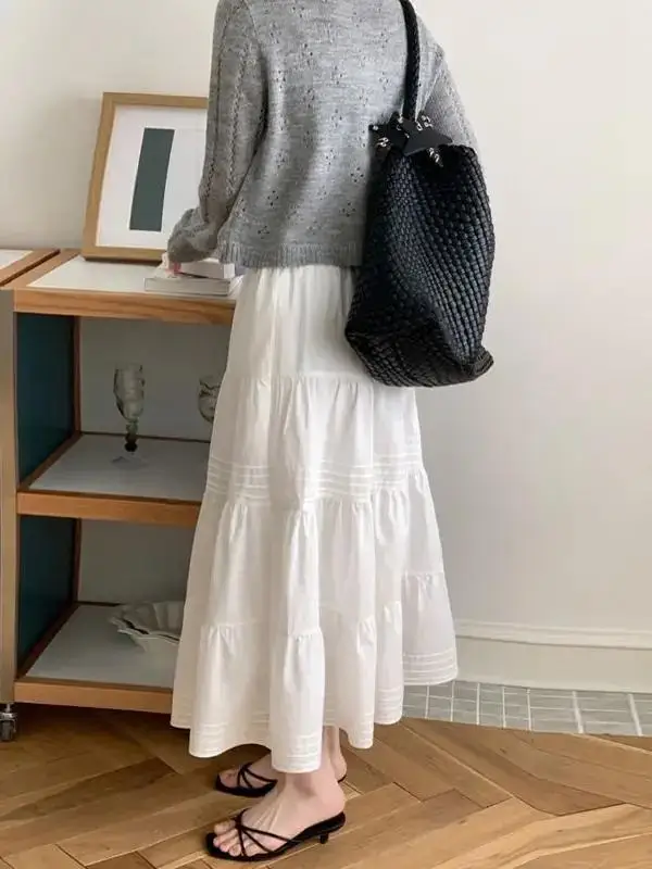 Gonna longuette bianca retrò Gonna ombrello a trapezio allentata primavera estate da donna Vita alta Gonna torta versatile Donna Premium Faion