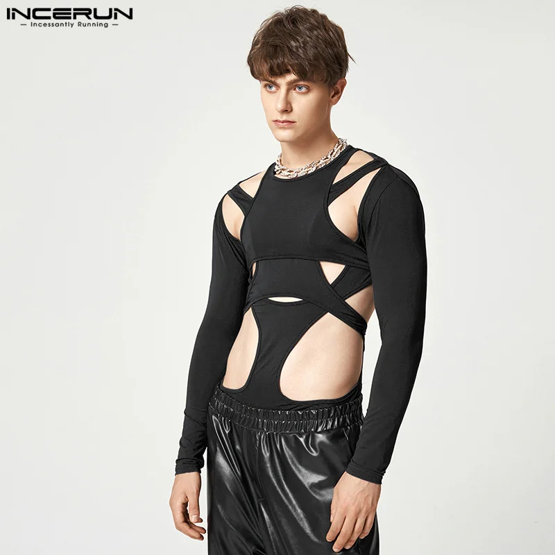 Sexy Leisure Style Loungewear Men\'s Hollow Onesies Stylish Male Jumpsuit Solid Long Sleeve Triangle Bodysuits S-5XL INCERUN 2023