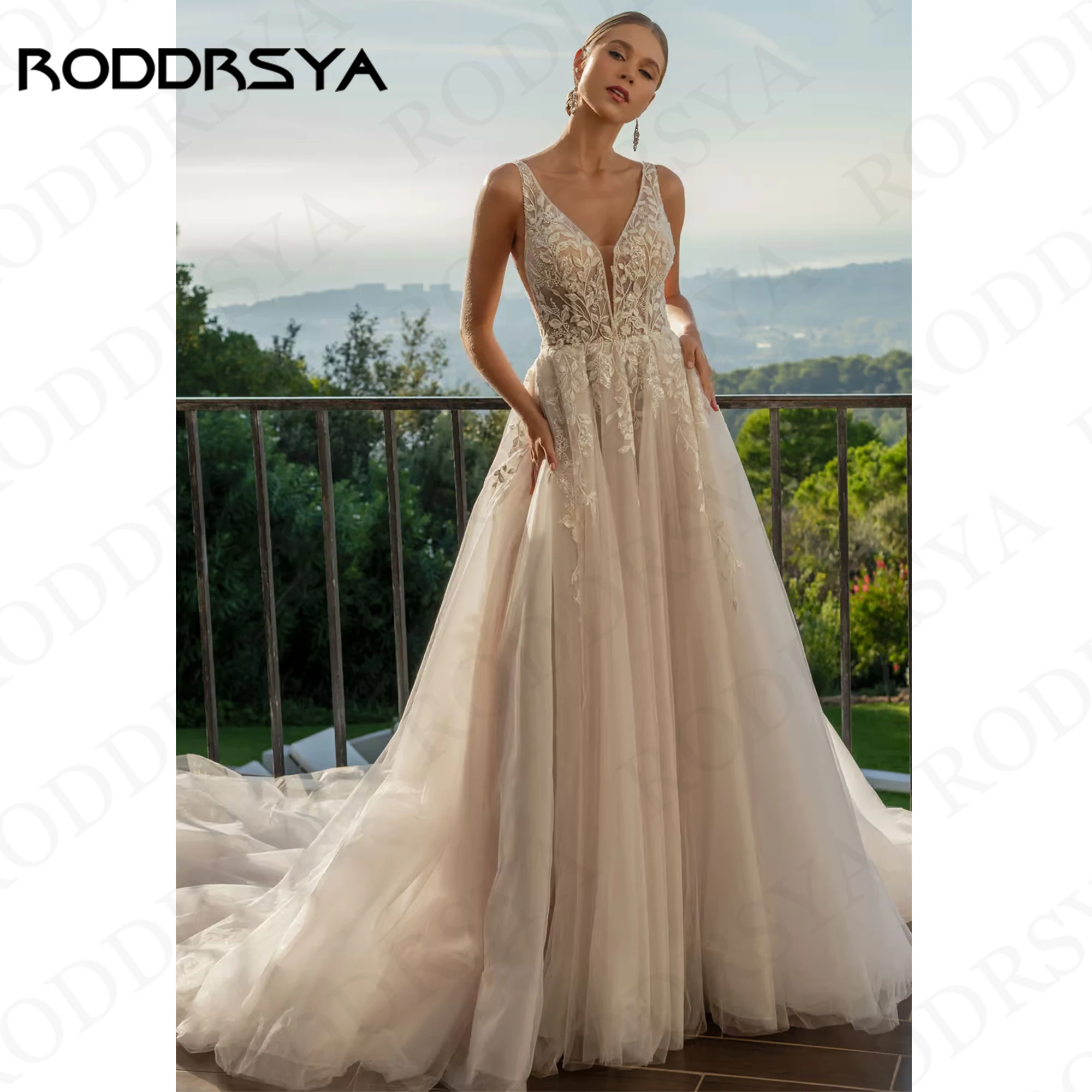 

RODDRSYA Luxury Tulle Wedding Dress Women A Line vestido de noiva Lace Appliques Illusion Bridal Dresses Tank Backless V Neck