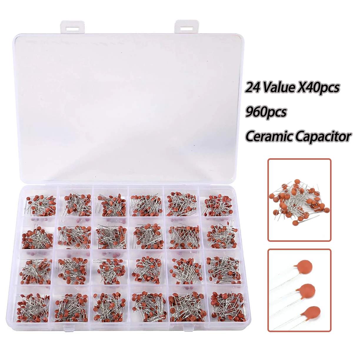 

960 шт., 24 значения каждого, 40 шт., набор керамических конденсаторов в ассортименте 2PF-100NF, набор для электроники