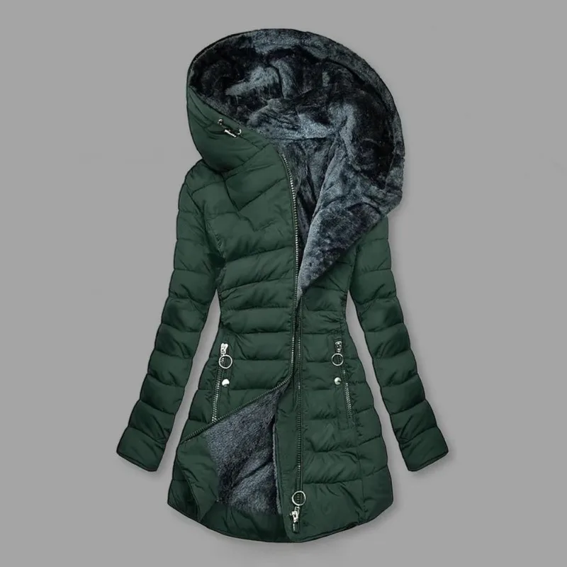 Abrigo de manga larga para mujer, chaqueta lisa de invierno con forro de felpa, prendas de vestir exteriores con capucha, abrigo cálido a prueba de viento para clima frío