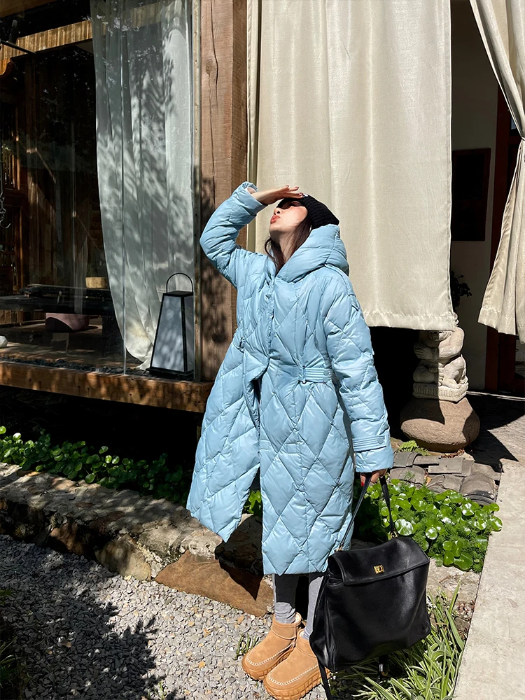 

Heidy Glacier Blue 90 White Goose down Long Coat Double Row Buttons Waist Cinched Hooded Jaet Thiened Casual Sle Women'...