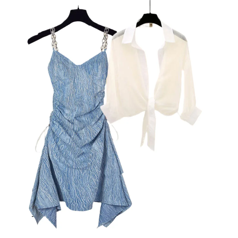 Camisa de chiffon com protetor solar feminina, Vestido dobrado com estampe, Mini vestido, Elegante, Sexy, Novo, Verão, Conjunto de 2 peças, 2024