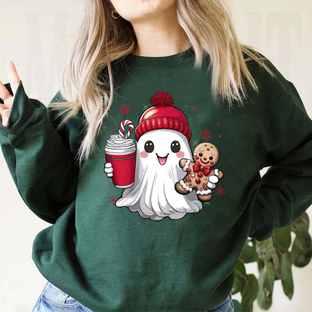 Cute Christmas Ghost Sweatshirt Ghost Iced Coffee Shirt Spooky Christmas Hoodie Santa Xmas Jumper Vintage Holiday Sweatshirts