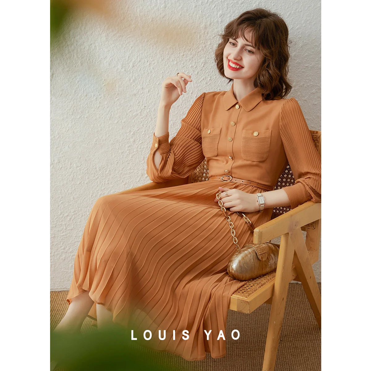 

LOUIS YAO High-Quality Office Shirt Dress 2026 Spring/Autumn Elegant Collared Pleated Long Sleeve Women's Midi Long Dress