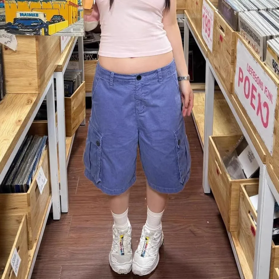 

American Retro Big Pocket Tooling Denim Five-point Pants Summer New High Street Loose Cargo Wide-leg Pants