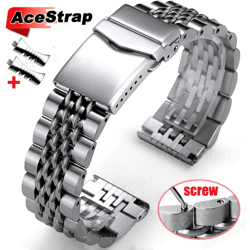 Screw Stainless Steel Strap 20mm 22mm Curved End Seven Bead Watch Band for Men Business Wristband Silver Belt Arc/Flat Interface