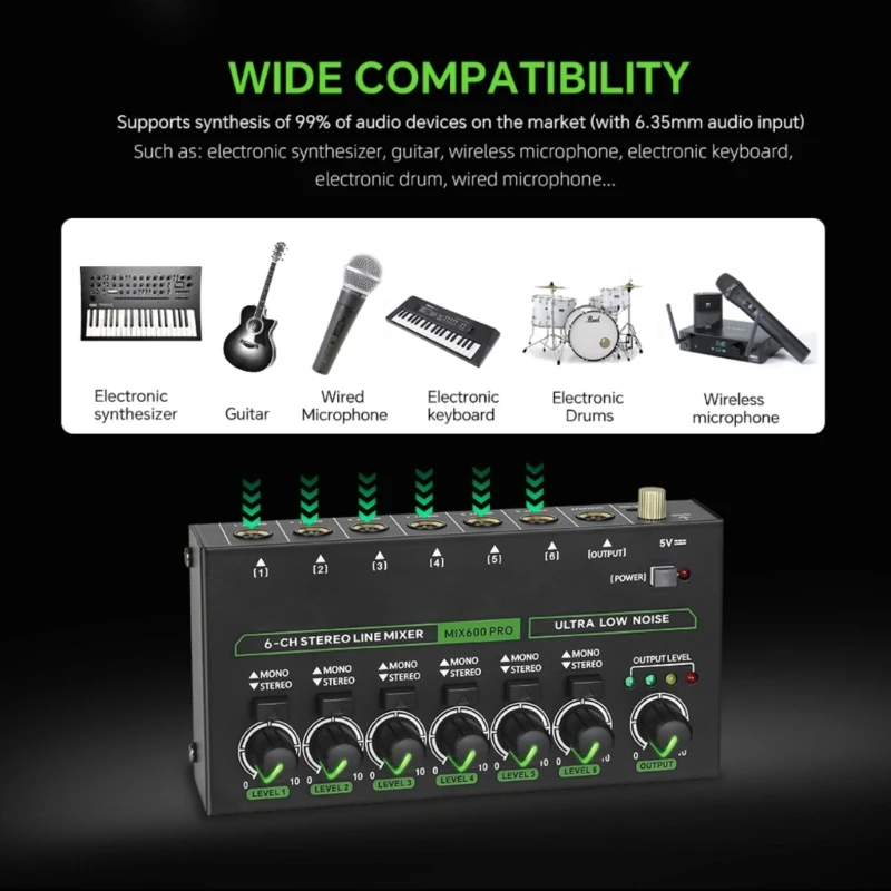 

Professional Sound Mixer 6 Channel Mixer Stereo Converters LED Mixer Low Noise Sound Mixer 6 Input 1 Output Mixer