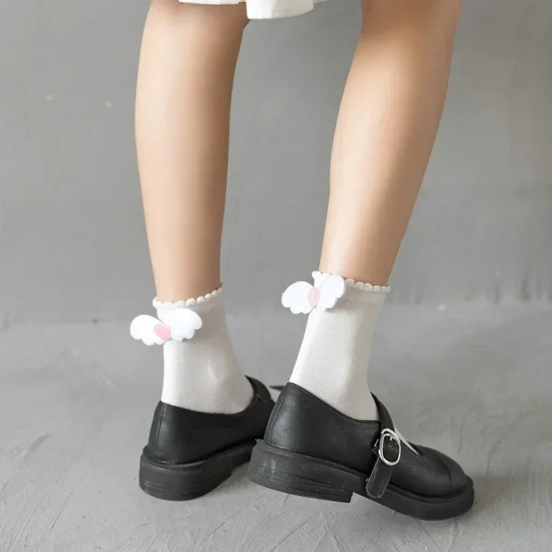 Japanese Style Socks Women Lovely Angel Wings Kawaii JK Lolita Low Tube Cotton Sock Girls Gifts Love Heart Cute Socks Calcetines