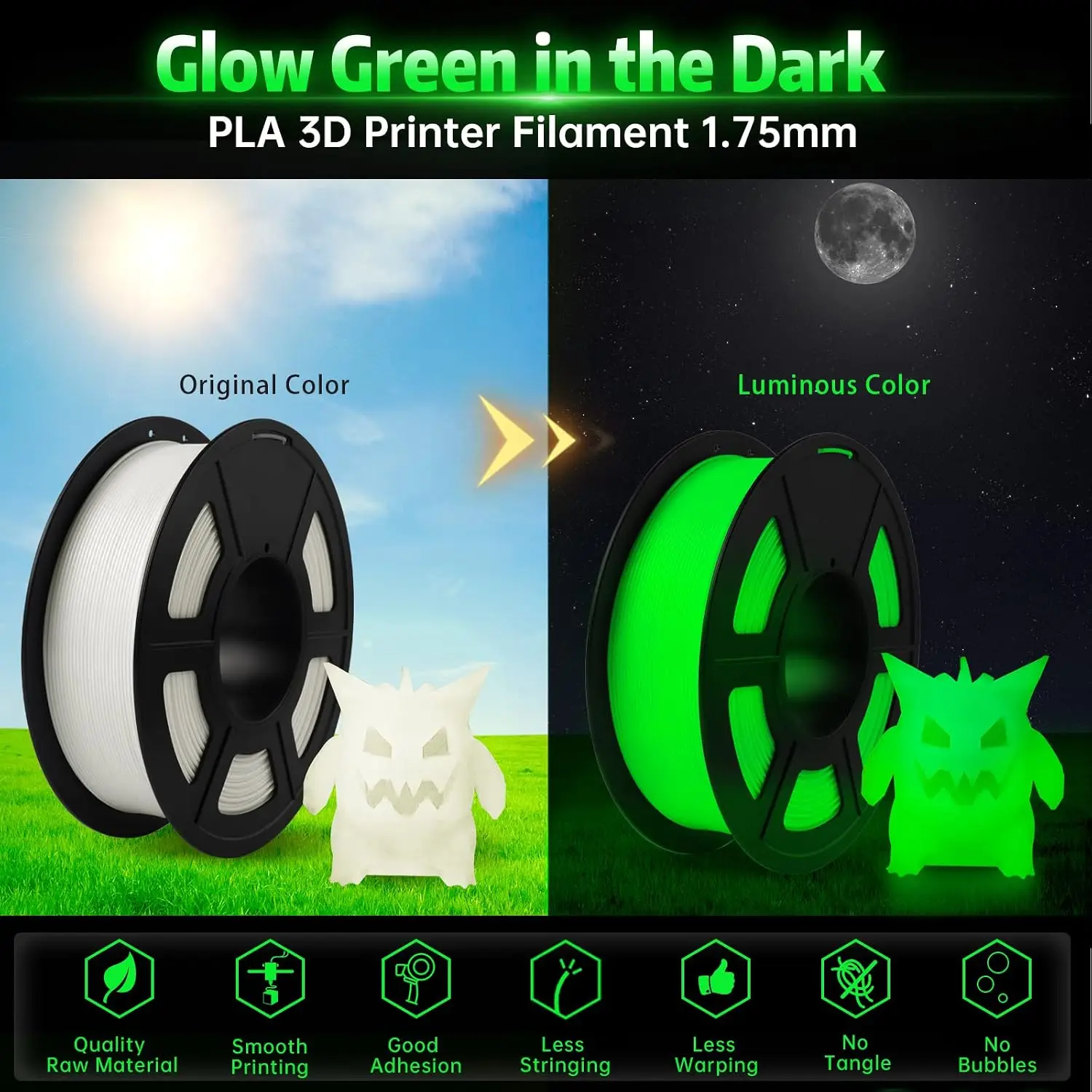 SUNLU Luminous PLA Filament,Glow In The Dark 3D Printer Filament 1kg,High Toughness,Dimensional Accuracy ±0.02mm Fit FDM Printer