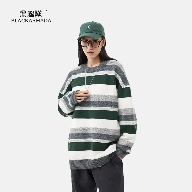 Autumn and winter fashion retro heavy striped all-in-one loose knit sweater for men and women of the same high quality hea