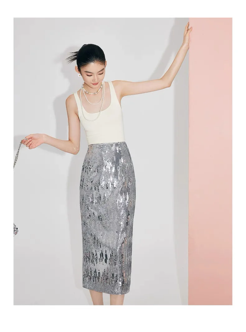 

Усовершенствованная тяжелая промышленность Серебристо-серая бархатная юбка средней длины с блестками, длинное платье с высокой талией и облегающим внешним видом