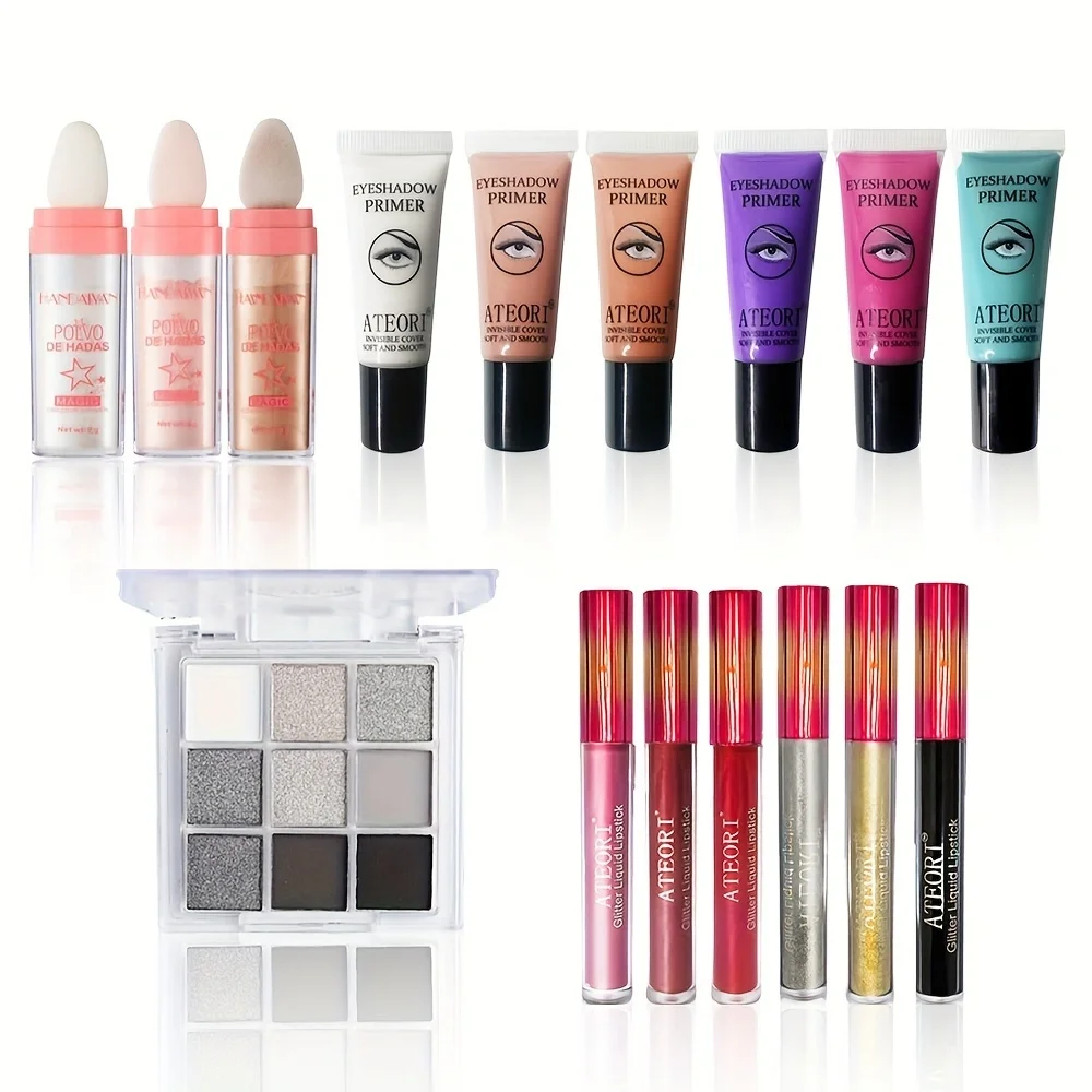 Set per il trucco da donna da 16 pezzi, piatto per ombretti a 9 colori, rossetto da 6 pezzi, Base per occhi a 6 colori + polvere per patch per evidenziare le fate, ecc