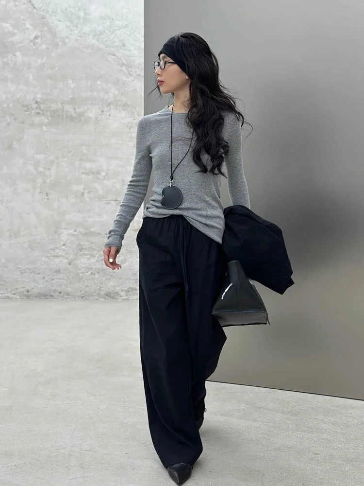 

BodhlCat Straight Leg Pants Elastic Waist Casual Black Long Pants Women's Loose Fit Street Style Casual Trousers