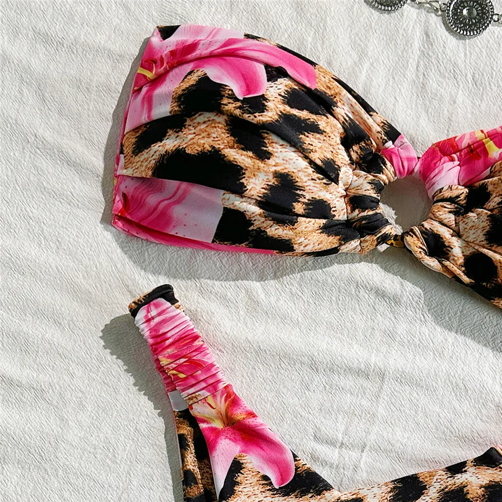 Leopardo flor impressão bandeau biquinis define volta atada banho anel enrugado sexy maiô feminino 2025 maiô biquíni dames