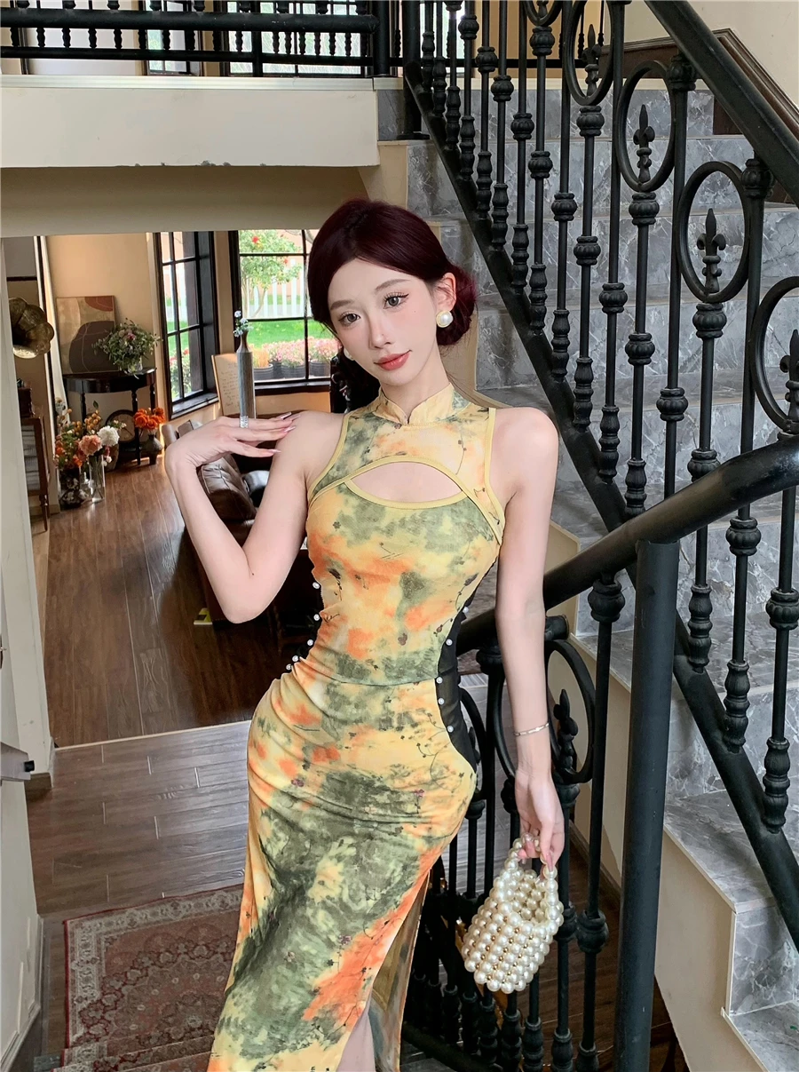 

New Chinese Sle Retro Print Long Skirt Summer Slim Me Splicing Beaded Young Version Dr for Young Women