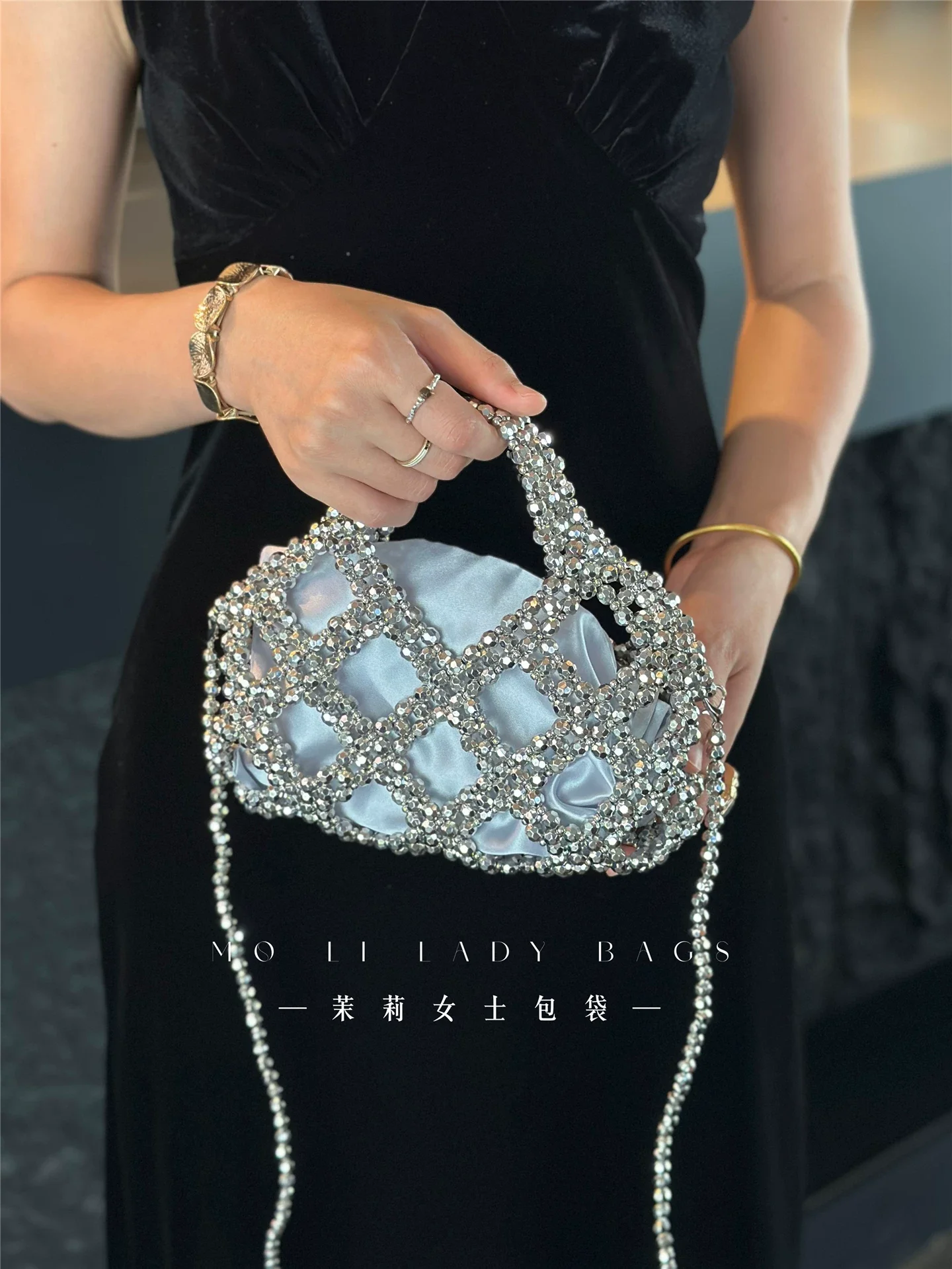 Luxury Silver Beads Beading Woven Handmade Women Handbag Wedding Party Banquet Clutch Purse Shoulder Crossbody Bag
