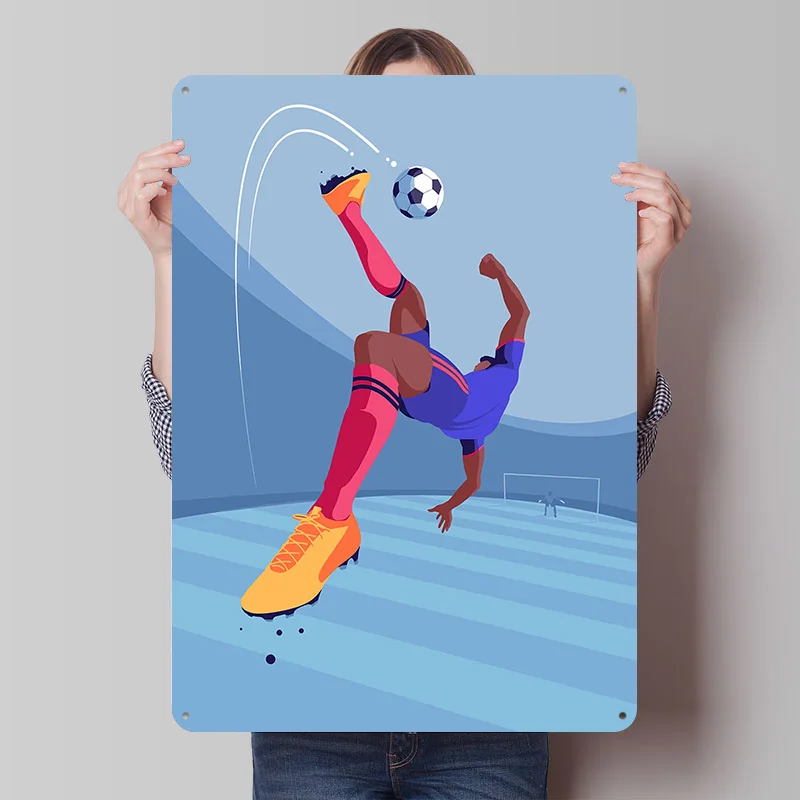 Soccer Player Bicycle Kick Printing Poster Customized Retro Wall Art Vintage Metal Signs for Fans Decor Room Mancave Decoration